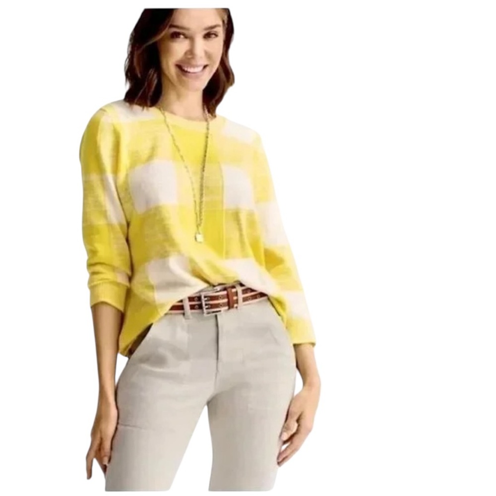 CABI style #6236 Checkerboard Pullover citron (yellow) & white sweater sz Large